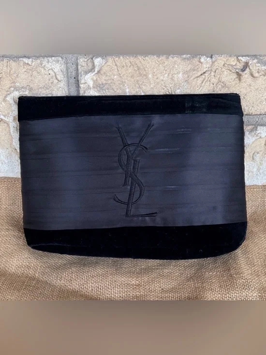 YSL Yves Saint Laurent Elegant Black Makeup Toiletry Bag Silk Rare Hard to Find - Picture 2 of 15